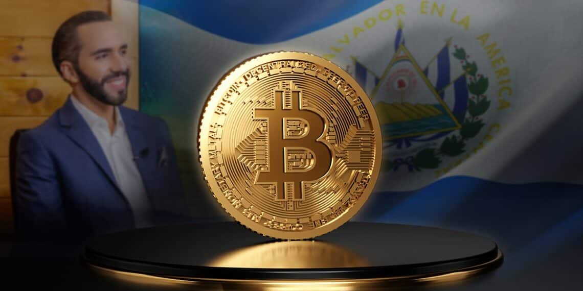 moneda de bitcoin sobre podio con Nayib Bukele y bandera de El Salvador en el fondo