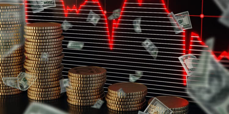 monedas apiladas en orden decreciente cvon grafico decendente en pantalla al findo y billetes de dolares cayendo alrededor