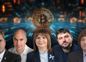 candidatos para la presidencia de Argentina: Massa, Rodriguez Larraeta, Bullrich, Milei y Grabois, con monea de bitcoin detrás