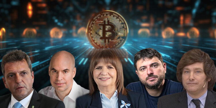 candidatos para la presidencia de Argentina: Massa, Rodriguez Larraeta, Bullrich, Milei y Grabois, con monea de bitcoin detrás