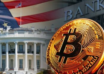 moneda de bitcoin con fachada de la casa blanca, banco y bandera de los estados unidos en el fondo