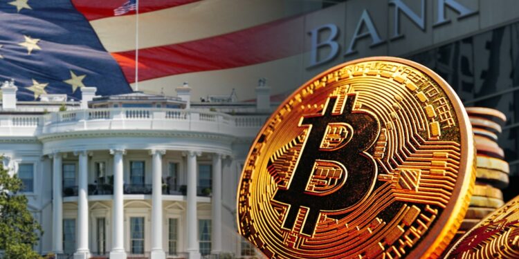 moneda de bitcoin con fachada de la casa blanca, banco y bandera de los estados unidos en el fondo