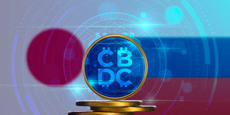 CBDC y banderas de Japón y Rusia.
