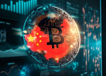 Bitcoin con bandera de China, con métricas detrás.