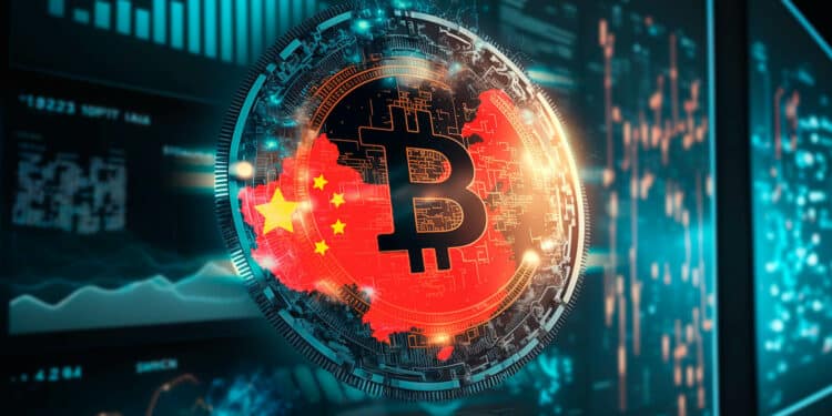 Bitcoin con bandera de China, con métricas detrás.