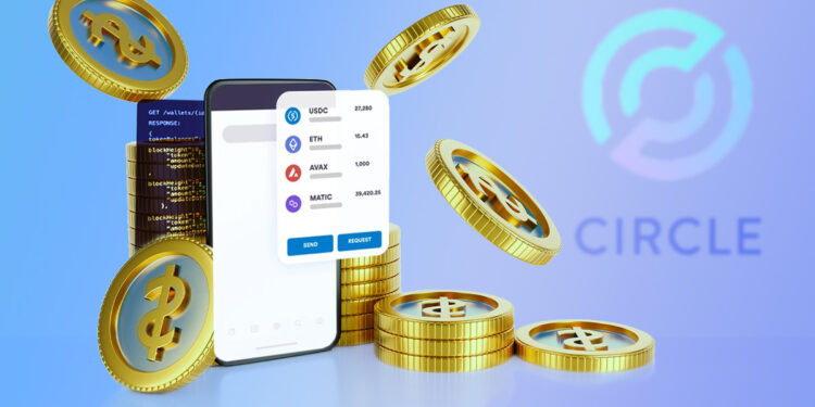 telefono movil con wallet de cicle desplegada en pantalla entre monedas de usdc junto a logo de Circle