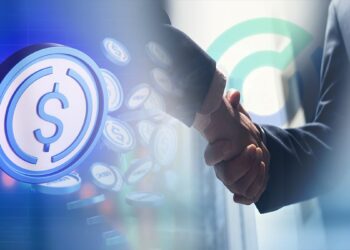 moneda de usdc con gráfico de precio en el fondo junto a hombres de negocios estrechando manos con logo de Circle en el fondo