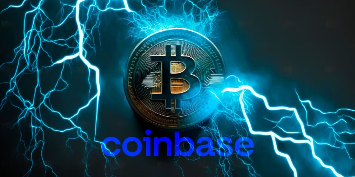 Bitcoin, lightning y logo de Coinbase.