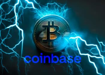 Bitcoin, lightning y logo de Coinbase.