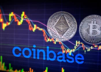 Ethereum y bitcoin con gráfico y logo de Coinbase.