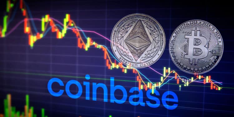 Ethereum y bitcoin con gráfico y logo de Coinbase.