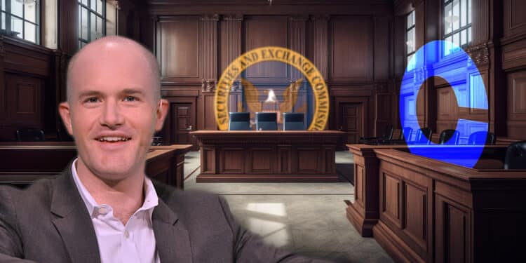 Brian Armstrong en sala de juicio con Logo de Coinbase en estrado y logo de la SEC en el fondo