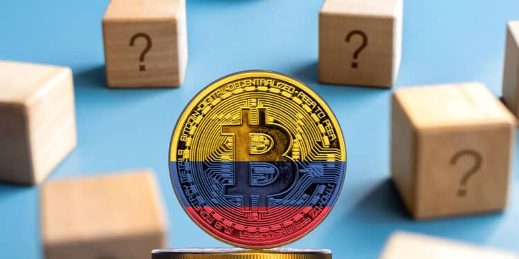 Bitcoin y bloques de madera con signo de interrogación.