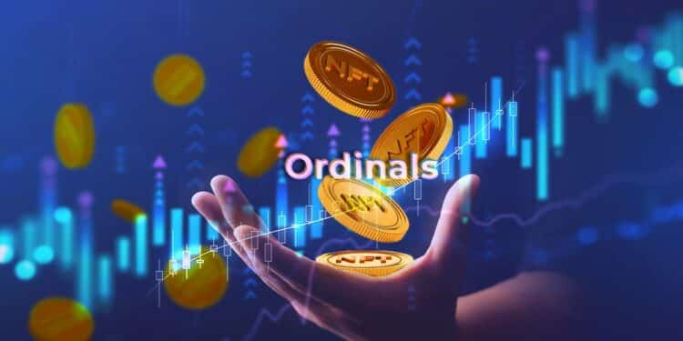monedas de NFT ordinals cayendo en mano abierta con grafico alcista y monedas cayendo en el fondo