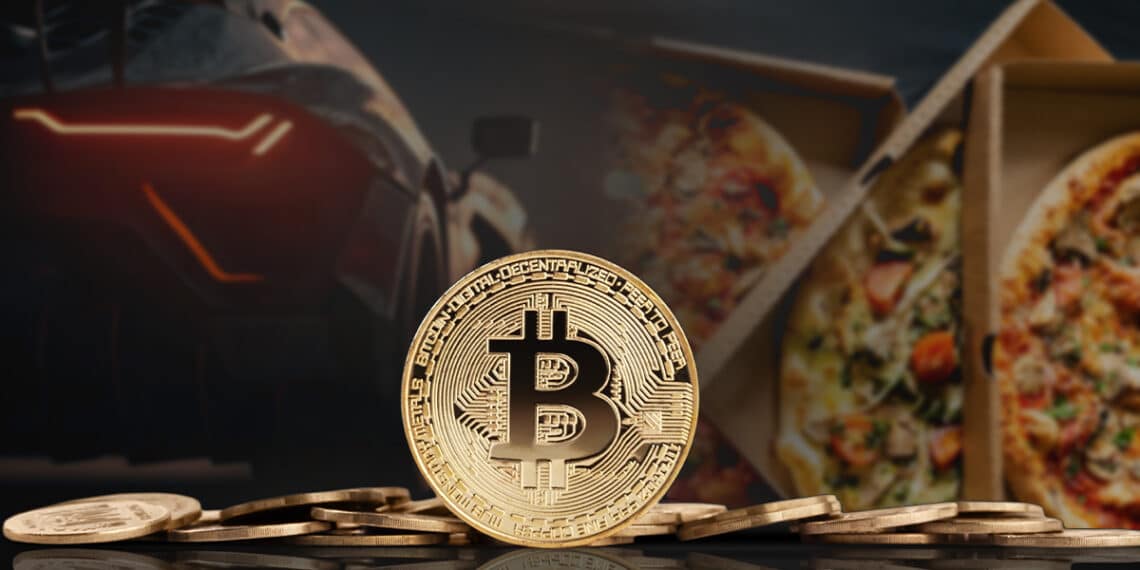 moneda de bitcoin entre monedas apiladas con pizzas y lamborghini en el fondo