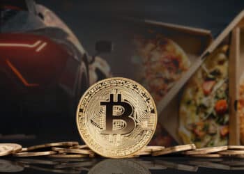 moneda de bitcoin entre monedas apiladas con pizzas y lamborghini en el fondo