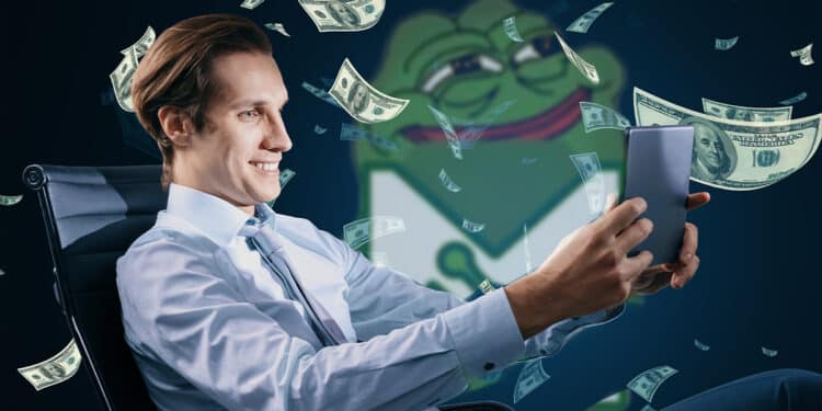 hombre feliz sosteniendo tablet con billetes de dolares cayendo en el fondo y logo de memetic
