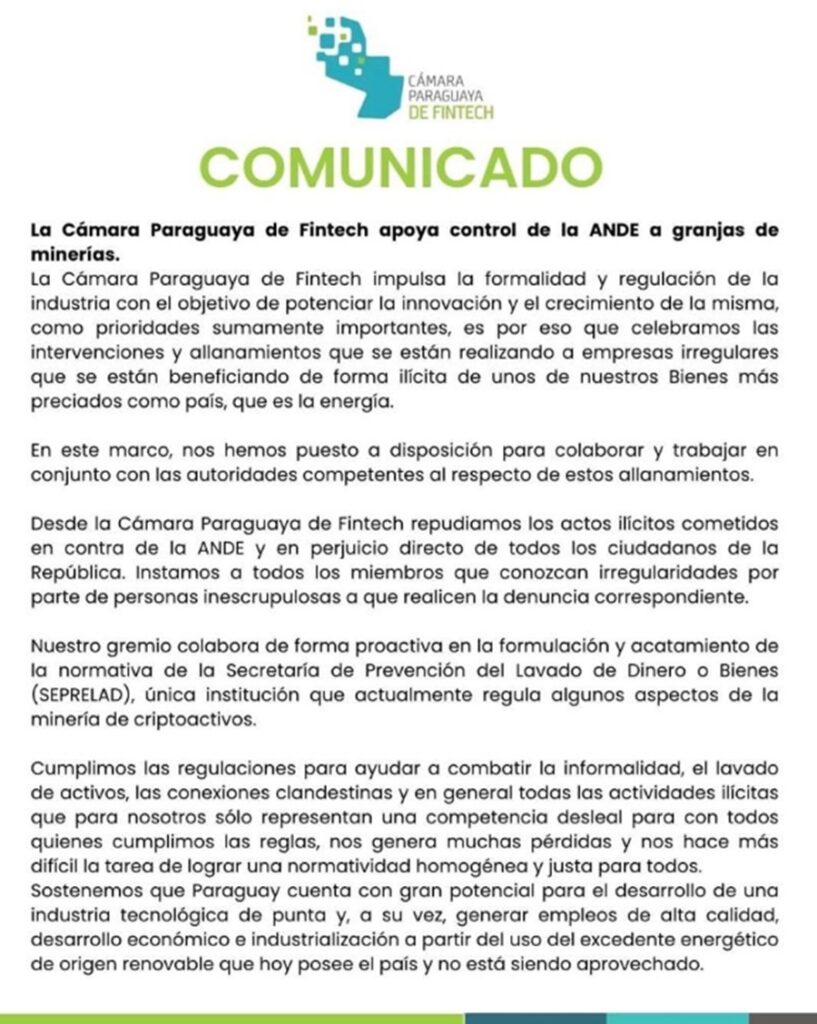 comunicado de la cámara Paraguaya de Fintech impulsa la regulación de la industria de minería de bitcoin