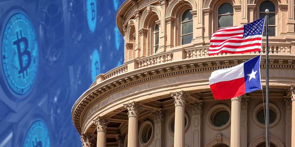 monedas digitales de bitcoin e rigs de minería junto a sede del congreso de texas