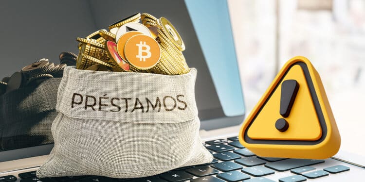 monedas de diversas criptomonedas en bolsa para prestamos sobre computadora junto a icono de advertencia