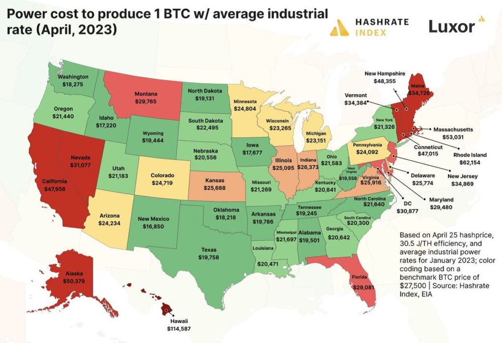 costo de la minería de bitcoin segun los estados de Estados Unidos