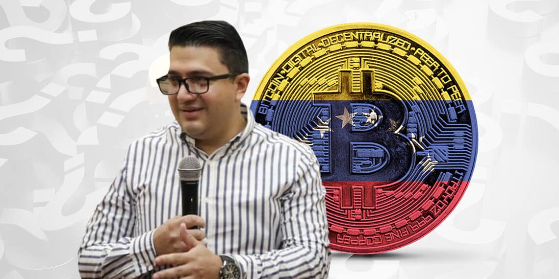 exjefe de Sunacrip, bitcoin con bandera de Venezuela y signos de interrogación detrás.