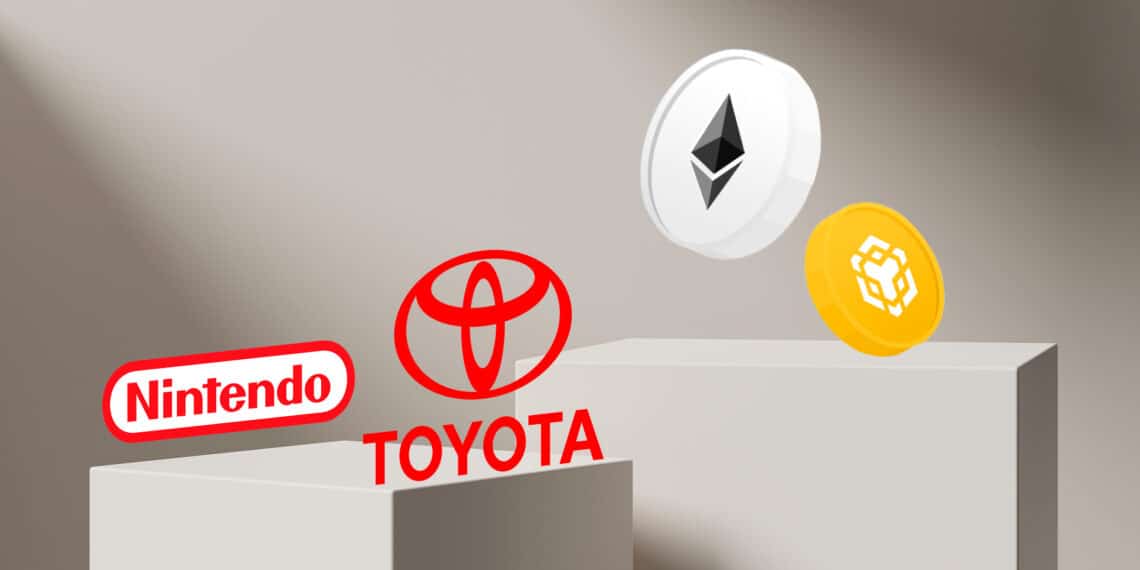 Logo de Nintendo, Toyota y altcoins como ETH y BNB.