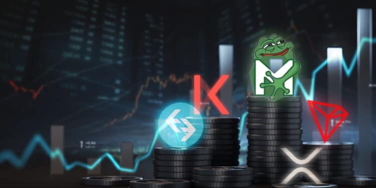 logos de criptomonedas Pepe, Kava; Tron; Bitget; XRP sobre monedas apiladas con graficos en el fondo