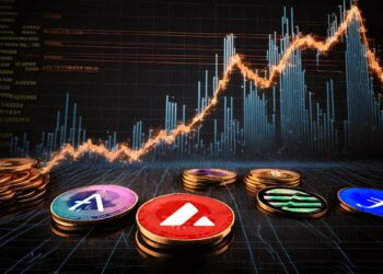 monedas de Avalanche, aave, aptos, filecoin y poligon sobre superficie de cristar proyectando gráfico de precio en crecimiento en el fondo