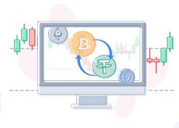 ilustración exchange de criptomonedas, bitcoin, tether, ethereum, usdc con grafico de velas de precio en el fondo