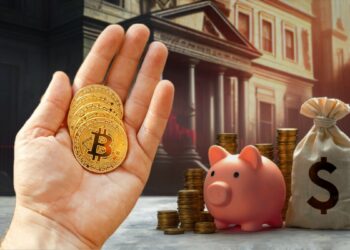 mano sostiene monedas de bitcoin con dinero apilado y banco en crisis en el fondo