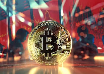 moneda de bitcoin con grafico de crisis de mercado en el fondo