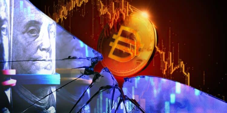 vidrio roto co dolares y graficos de precio alcistas reglrjados con moneda de DAI en fondo rojo con grafico de precio bajista