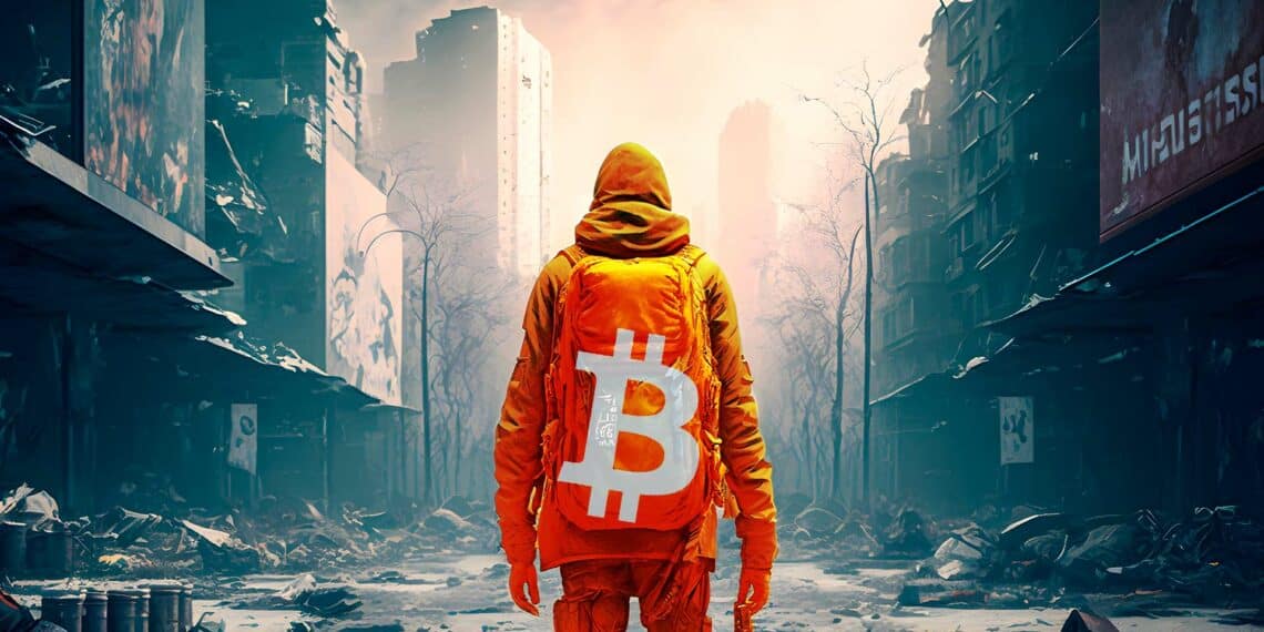 persona con traje de bitcoin con paisaje de ciudad en ruinas en el fondo