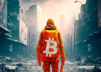 persona con traje de bitcoin con paisaje de ciudad en ruinas en el fondo