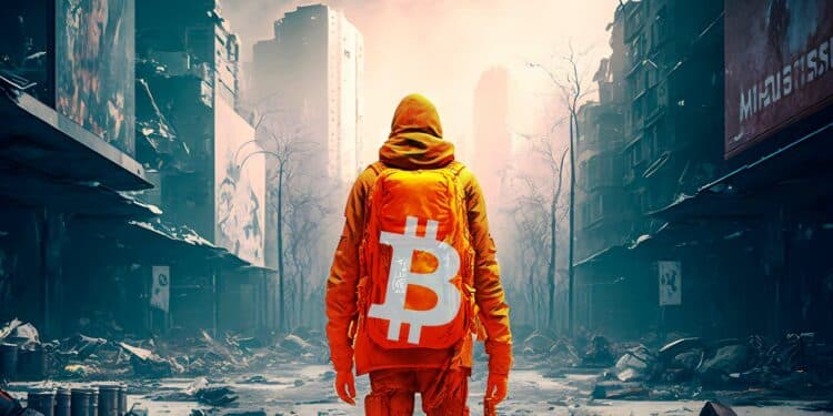 persona con traje de bitcoin con paisaje de ciudad en ruinas en el fondo