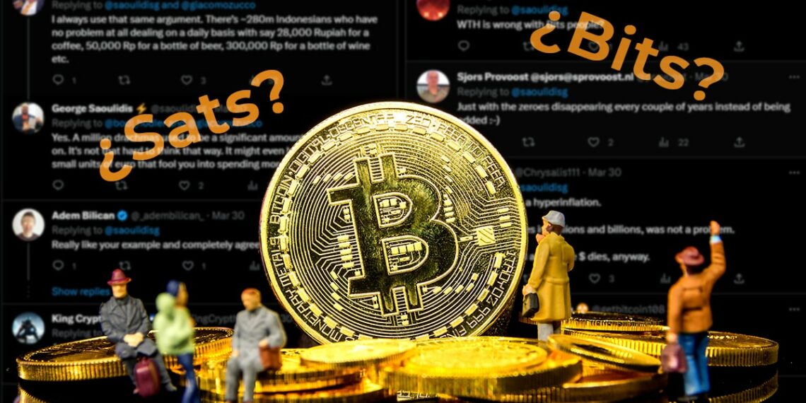 miniatura de personas debatiendo sobre moneda de bitcoin con comentarios de twitter en el fondo