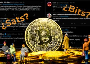 miniatura de personas debatiendo sobre moneda de bitcoin con comentarios de twitter en el fondo