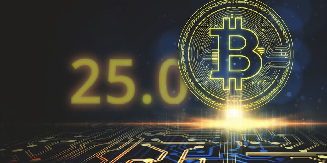 bitcoin digital sobre red junto a 25.0