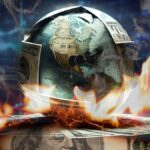 dolar en llamas con globo terraqueo rodeado por billetes de dólares y gráficos de mercado en el fondo