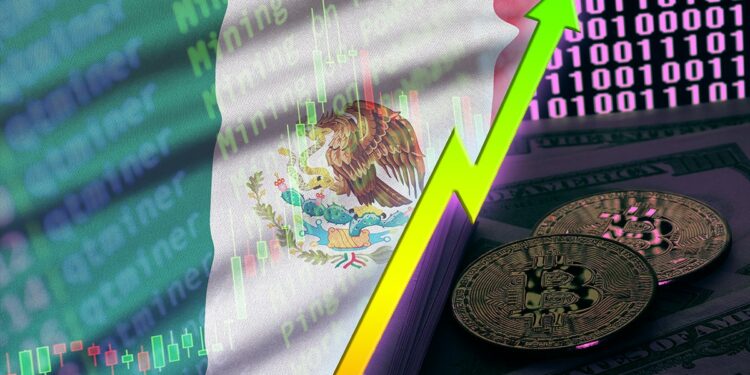 bandera de méxico con grafico de velas en el fondo separado por flecha creciente de monedas de bitcoin sobre billetes de dólares