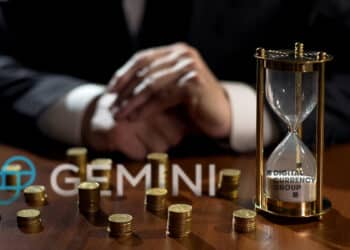 reloj de arena con logo de Digital Currency Group junto a torres de monedas con logo de Gemini entre monedas apiladas