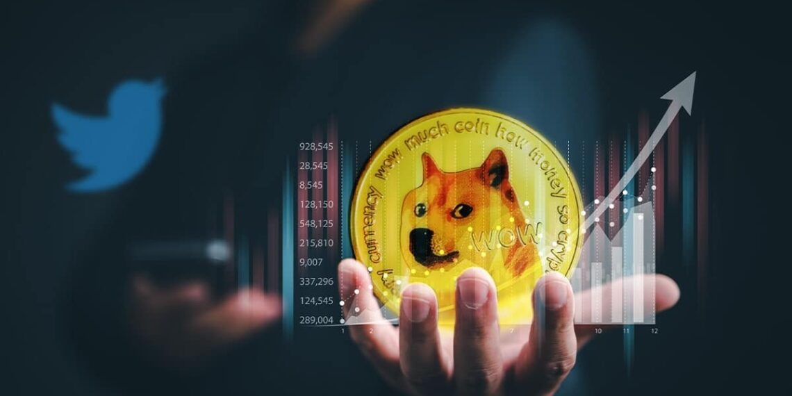 persona sostiene moneda de dogecoin en mano con grafico superpuesto y logo de twitter en el fondo