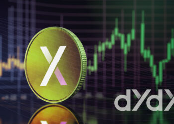 moneda del token de dydx con grafico de precio en aumento en el fondo y logo de dydx