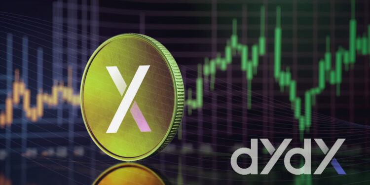 moneda del token de dydx con grafico de precio en aumento en el fondo y logo de dydx