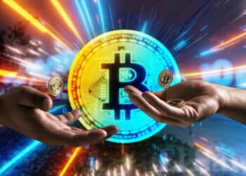 manos pasando monedas de bitcoin con bitcoin brillante en el fondo
