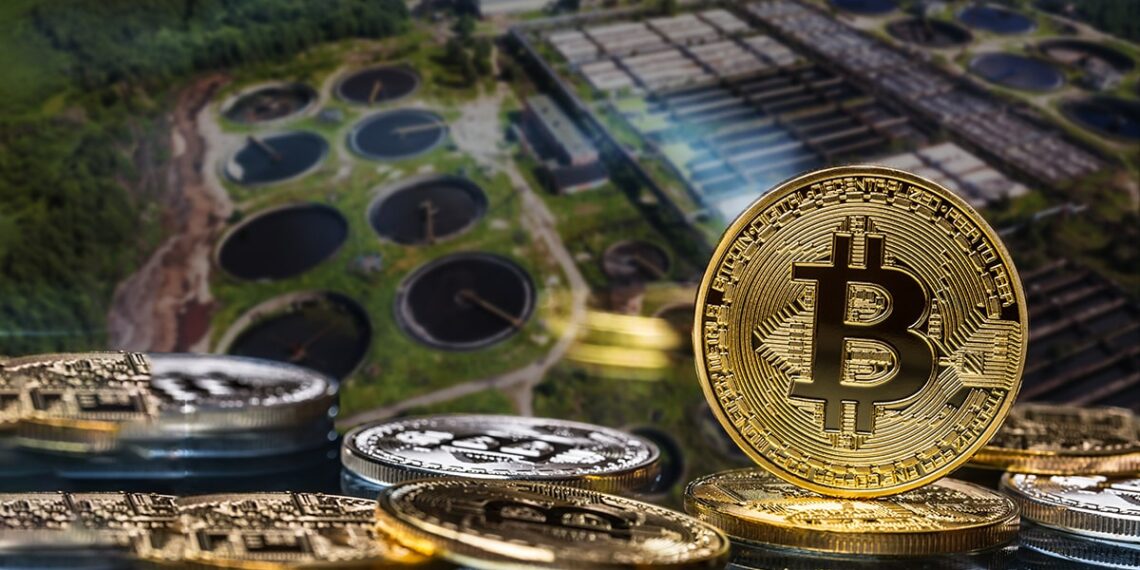 monedas de bitcoin sobre mesa con imagen aerea de planta de tratamiento de aguas residuales en el fondo