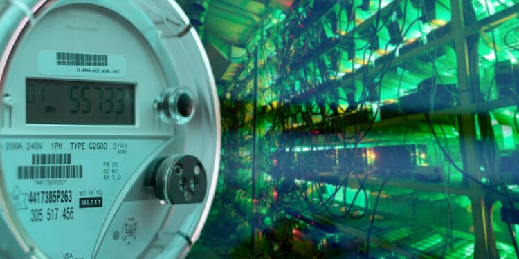 medidor electrico con granja de minería de bitcoin con mineros asic en el fondo