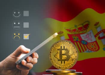 Persona realizando encuesta desde el teléfono junto a la bandera de España y bitcoin.
