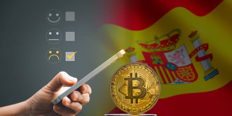 Persona realizando encuesta desde el teléfono junto a la bandera de España y bitcoin.